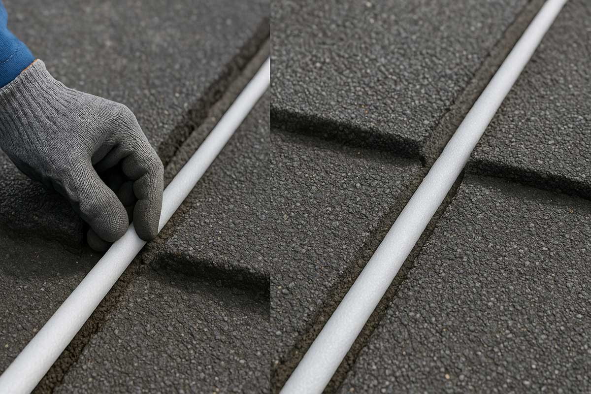 丸棒ポリエチレンフォームの設置施工例(屋上防水工事)
バックアップ材として目地部に押し込み、シーリング材の下地を形成します。独立気泡構造により吸水を抑え、適切な深さを確保することで防水性能を高めます。
📌左:施工中(押し込み)
📌右:施工後(設置完了) 屋上アスファルト防水の目地部に丸棒ポリエチレンフォームを押し込み施工し、下地調整を行っている様子(施工中と施工後の比較)