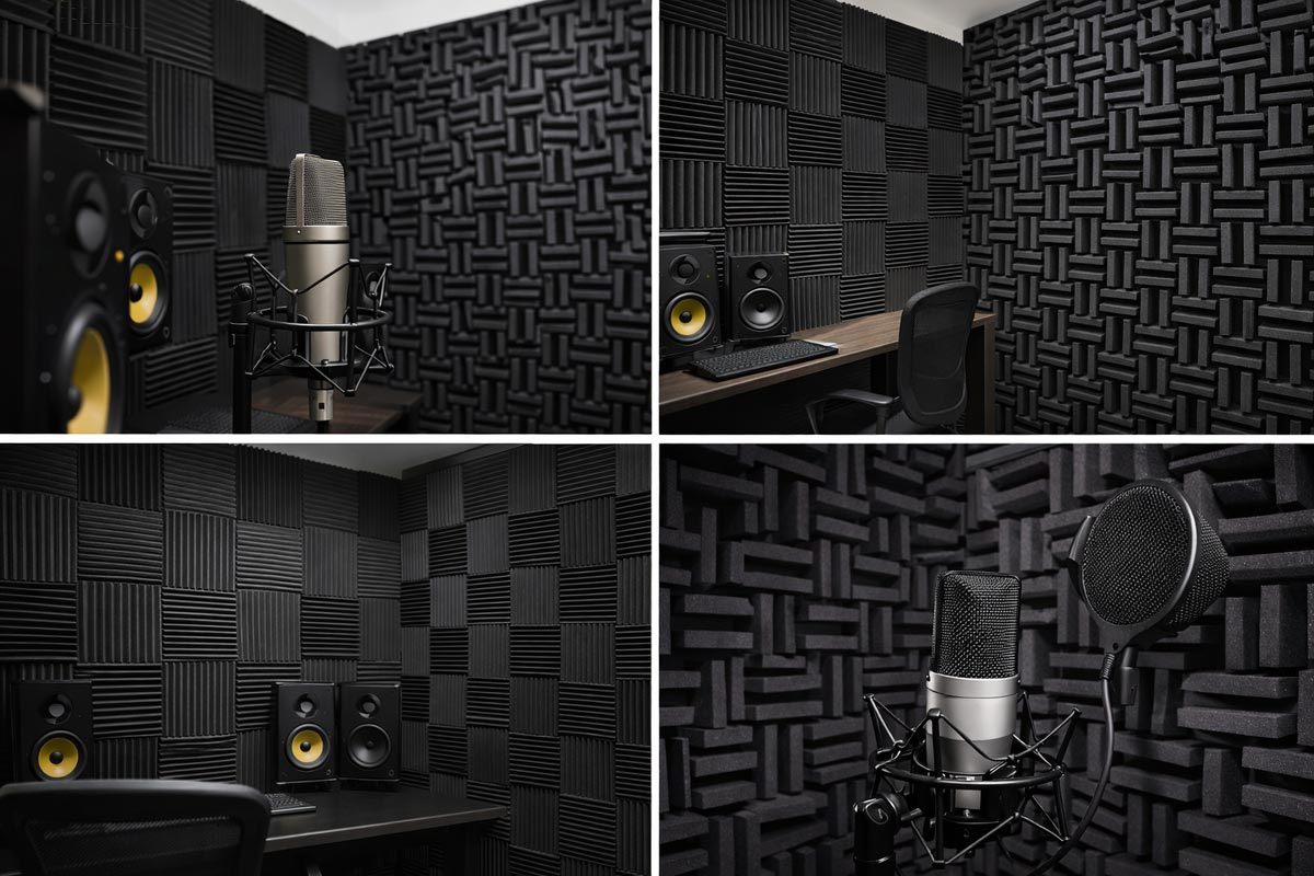音響スタジオや防音ブースに設置されたウレタン製吸音材・防音材。反響音を抑える音響用吸音パネルの施工例。
