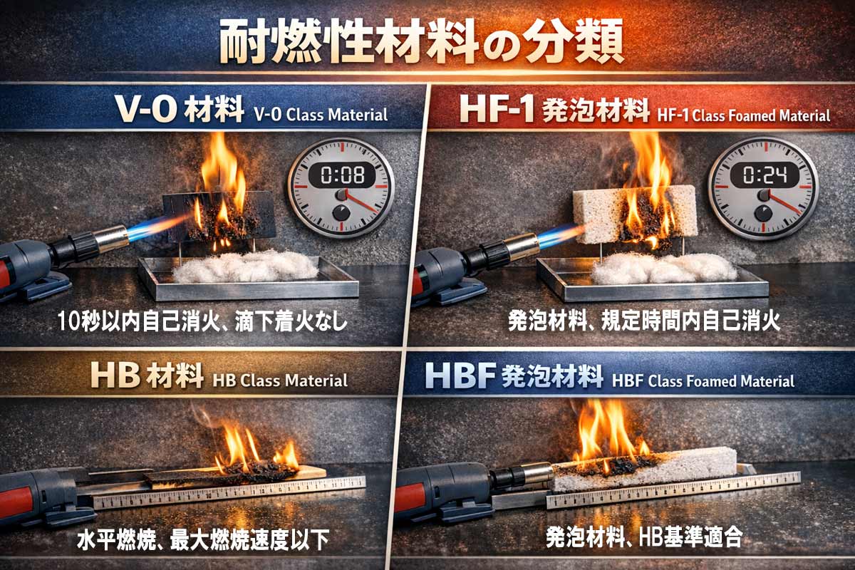 UL94規格に基づく耐燃性材料の分類を示した図。V-0材料、HF-1発泡材料、HB材料、HBF発泡材料の燃焼試験の違いを比較表示