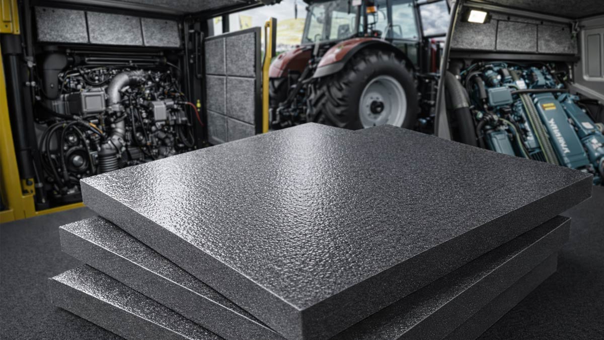 重機やトラクター、船舶のエンジンルーム内に施工されたグレー系吸音材による防音対策のイメージ
