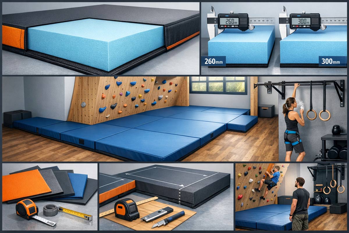 自宅ボルダリング用オーダーメイドマットの1層構造断面図とクライミングウォール設置例を示すイラスト。高反発ウレタンフォーム単層構造、測定ツール、厚み比較、カバー材質サンプル、完璧フィット設計を表現したプロフェッショナルなコラージュ画像