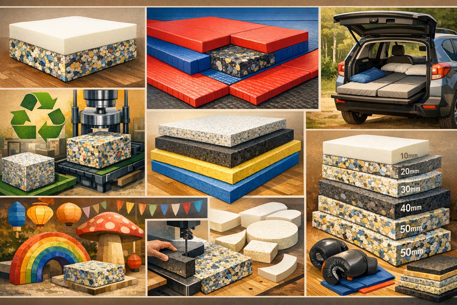 大型スポンジ・特大ウレタンの多様な加工応用例を示すプロフェッショナルコラージュ