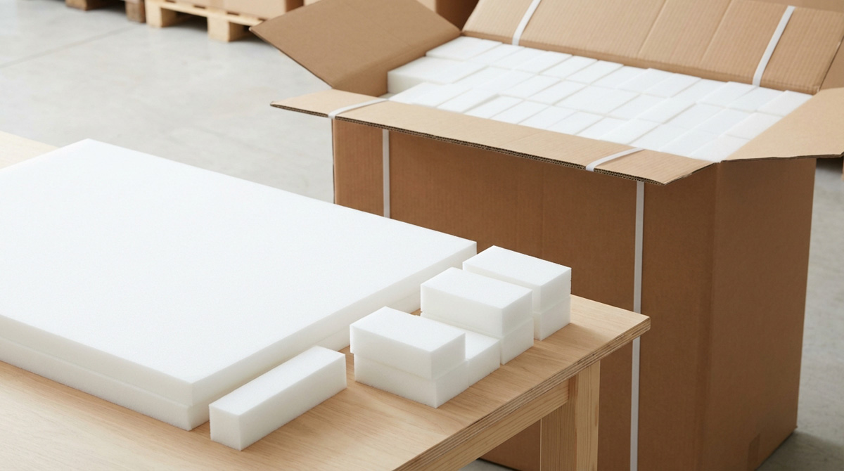 大判の白いスポンジシートからカットされた給水スポンジ(4cm×7cm×10cm)と、それらを敷き詰めて梱包した大きな段ボール箱、マラソンやトライアスロン大会用の給水スポンジ製造工程を示す写真