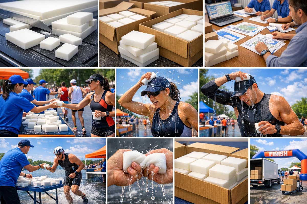 マラソン用給水スポンジの多様なサイズと給水所応用シーンを示すプロフェッショナルコラージュ