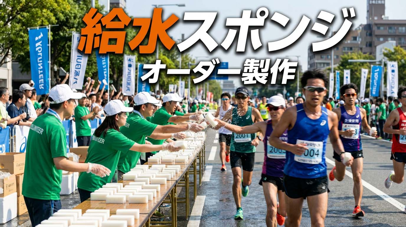 マラソン大会の給水スポンジステーションで緑色のボランティアTシャツを着たスタッフが、ゼッケンをつけたランナーに濡れたスポンジを手渡している様子。晴天の屋外イベント風景。