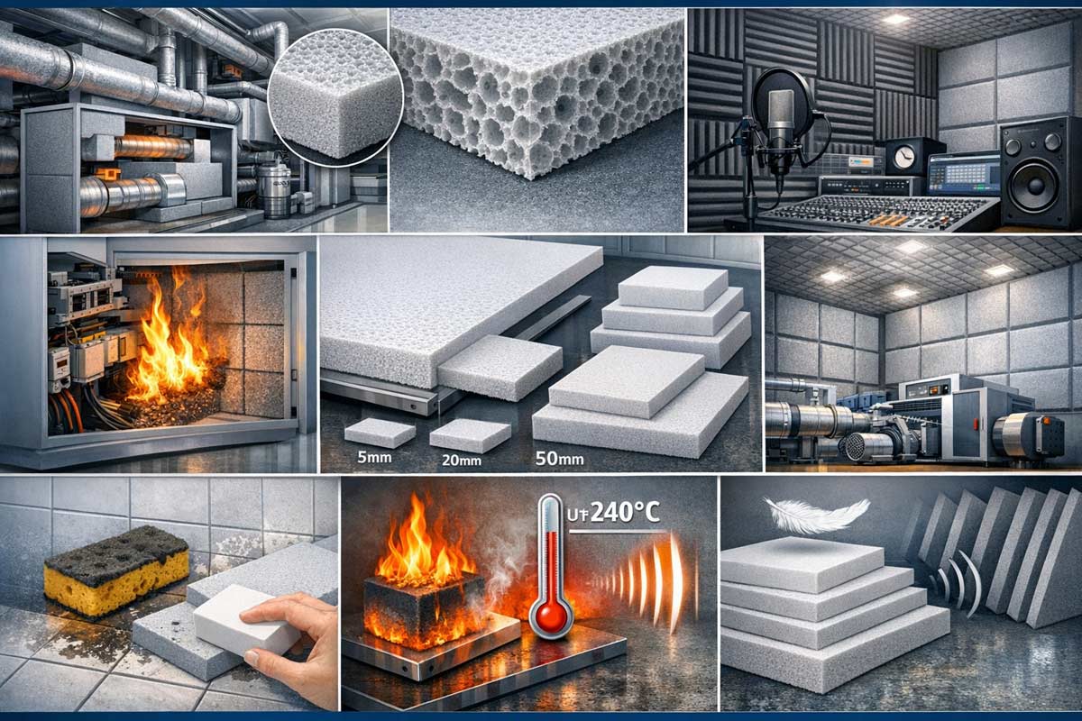 メラミンフォーム（バソテクト®）の微細セル構造と多様な産業応用例を示すプロフェッショナルコラージュ