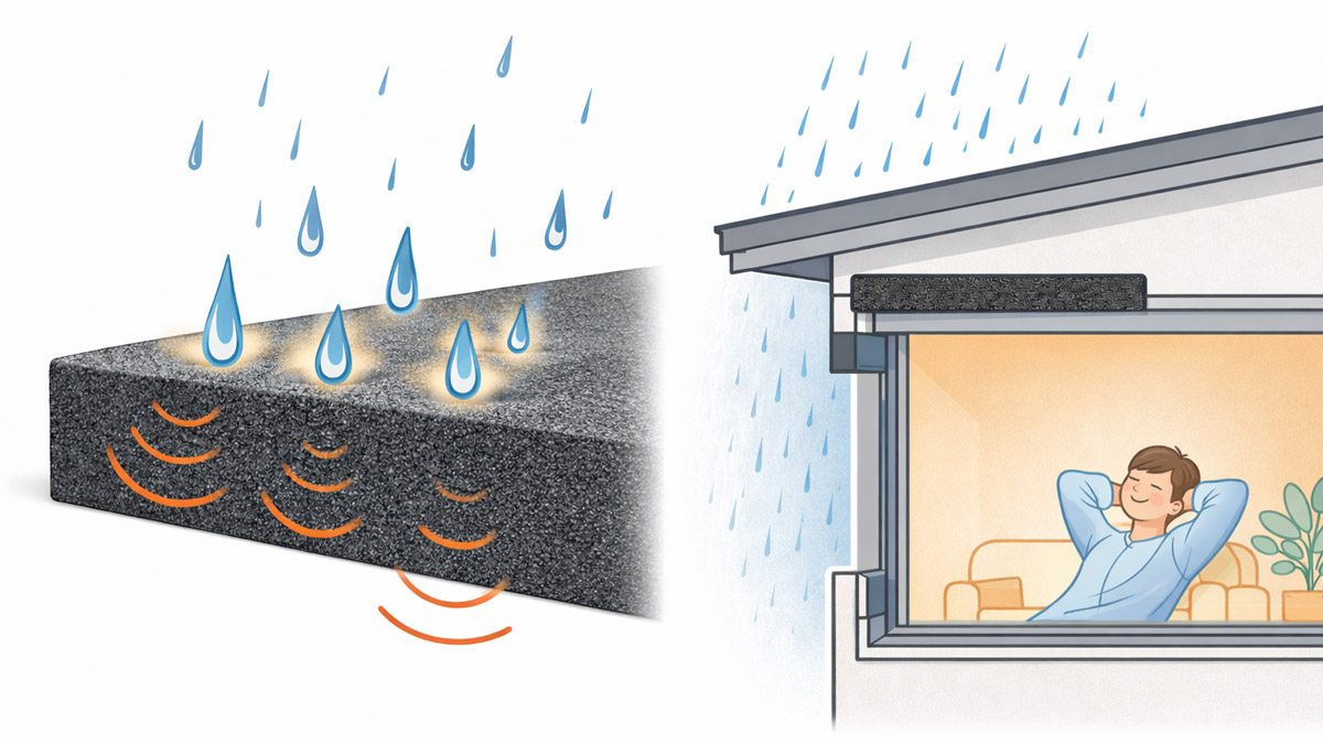 雨音低減防音シートを庇に設置し、雨粒音を吸収して室内を静かに保つ仕組みを示した説明イラスト