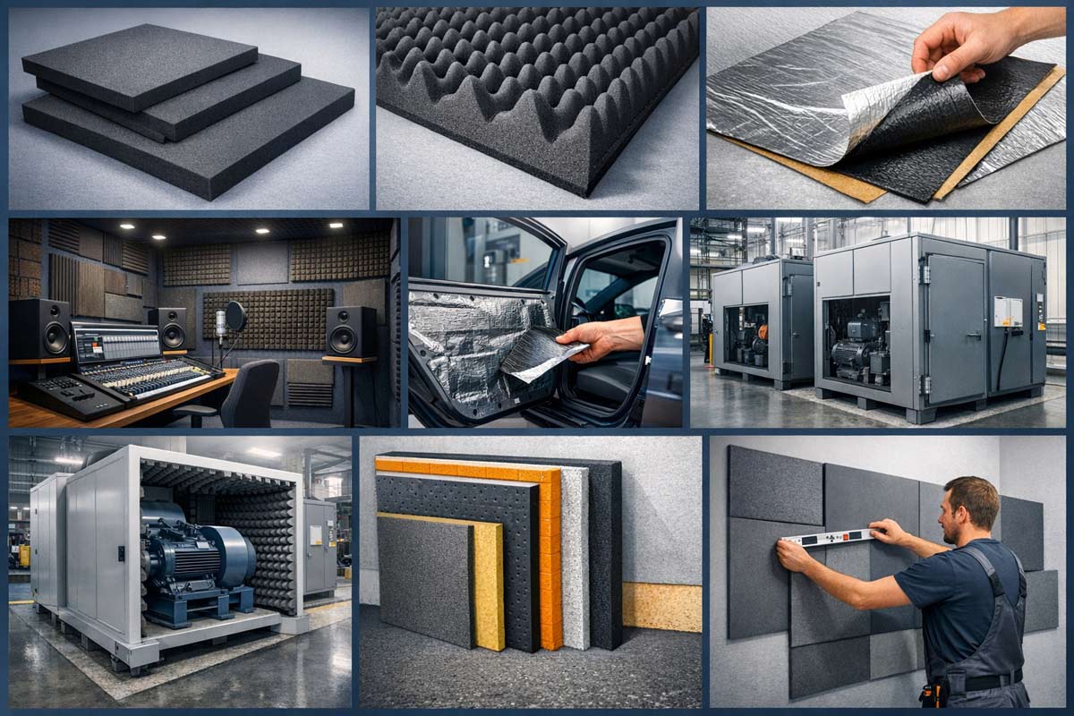 防音材・吸音材・制振材の総合的な音響対策システムを示すプロフェッショナルコラージュ
