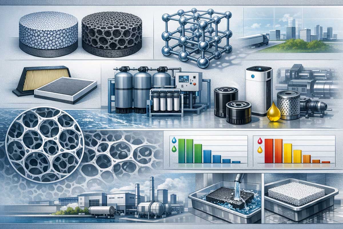 スポンジフィルター・ウレタンフィルターの構造と多様な応用例を示すテクニカルコラージュ