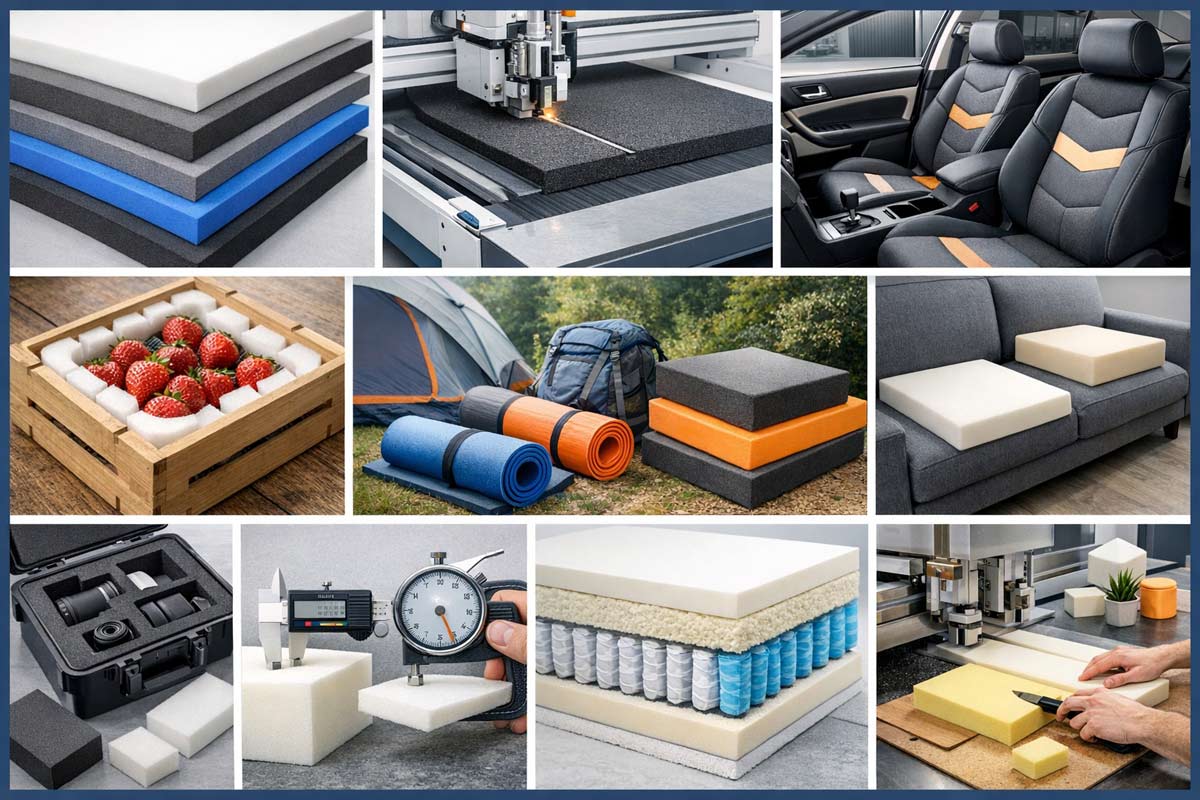 スポンジシート・ウレタンシートの多層構造と多様なカット加工応用例を示すプロフェッショナルコラージュ