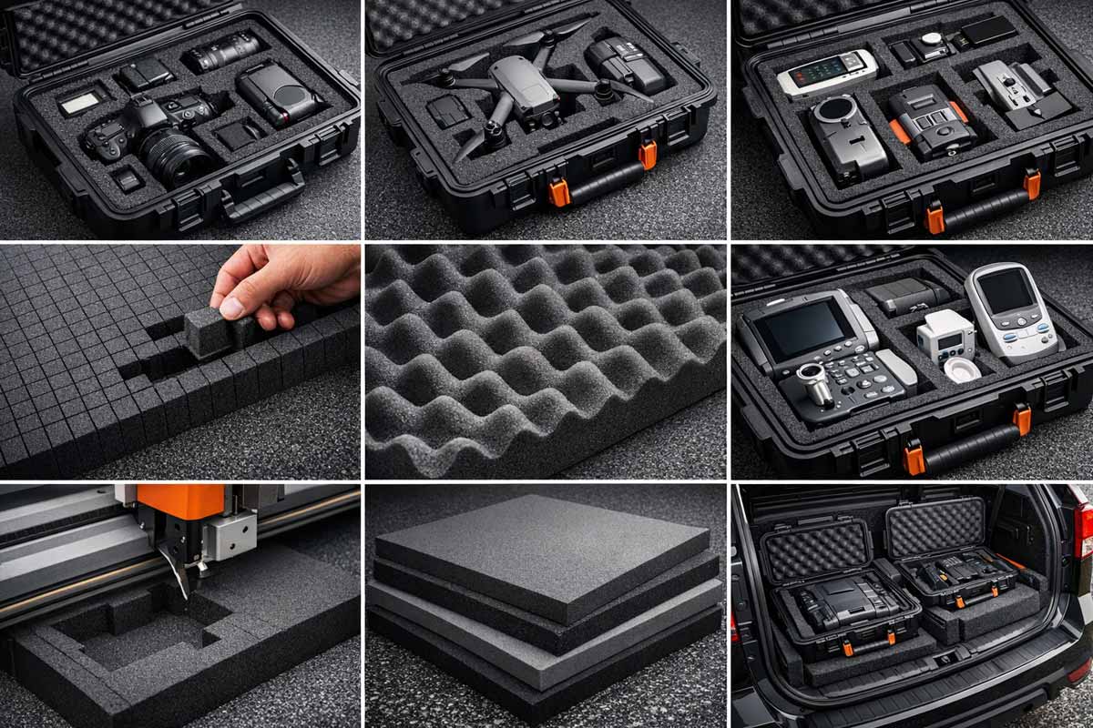 ケース内緩衝材・ブロックスポンジの多様な精密機器保護シーンを示すプロフェッショナルコラージュ