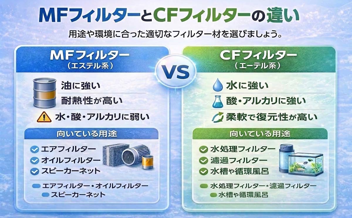 スポンジフィルターのMFフィルターとCFフィルターの違いを比較した図。MFは耐油性・耐熱性に優れ、CFは耐水性・耐酸アルカリ性に優れる。