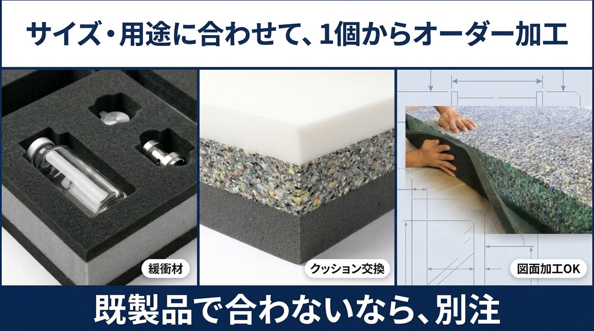 スポンジ・ウレタンのオーダー加工イメージ。緩衝材、クッション交換、図面加工OKの3つの用途に対応