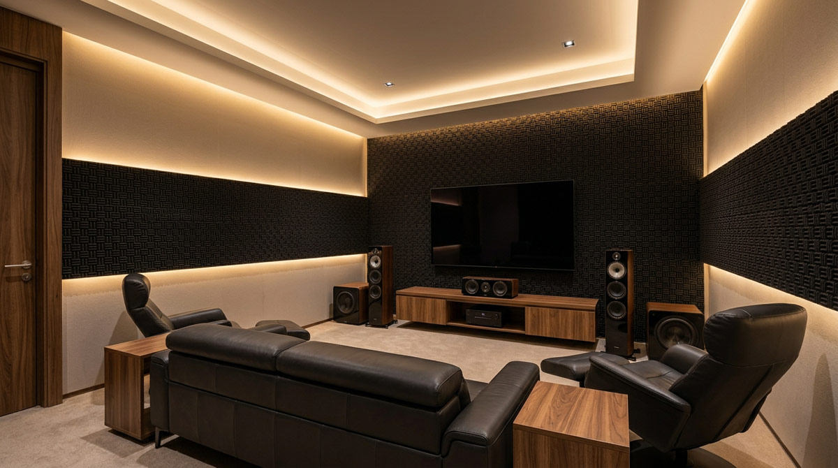 CalmMatrix 40をホームシアター・オーディオルームの壁面へ施工した使用イメージです。テレビ背面や側面の壁に吸音材を配置することで、室内の反射音や響きを抑え、映画鑑賞や音楽鑑賞をより快適に楽しめる音環境づくりをサポートします。住宅のシアタールーム、オーディオルーム、趣味部屋の吸音材として検討できます。