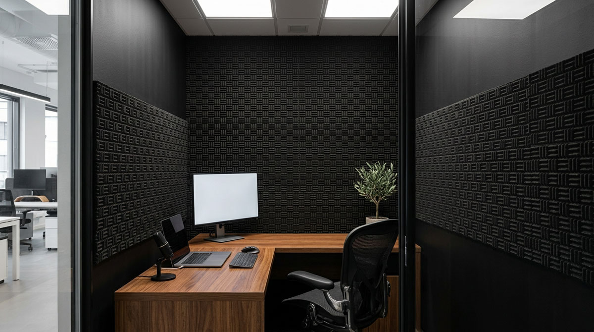 CalmMatrix 40をフォンブース・個室ミーティングブースの壁面へ施工した使用イメージです。室内の反射音やこもり感を抑えることで、オンライン会議、Web会議、テレワーク、集中作業などに適した音環境づくりをサポートします。オフィスやコワーキングスペースの小型ブース向け吸音材として検討できます。
