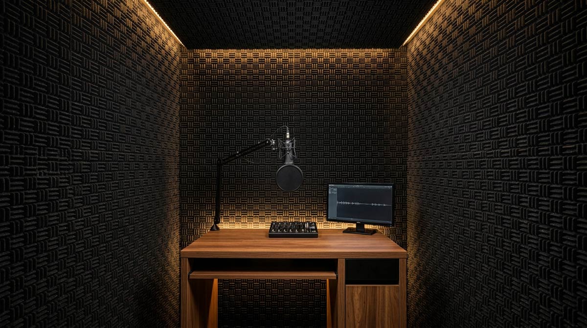 CalmMatrix 40をナレーションブースの壁面・天井へ施工した使用イメージです。室内の反射音や響きを抑えることで、ナレーション収録、音声配信、アナウンス録音、ポッドキャスト収録などに適した落ち着いた音環境づくりをサポートします。録音ブースや小型防音ブース内の吸音材として検討できます。