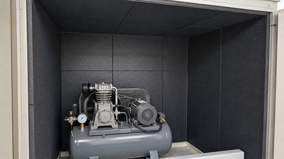 黒色の皮膜付きF-4LF吸音材を内壁と天井に施工した、タンク付きレシプロ式コンプレッサーの防音囲い内部