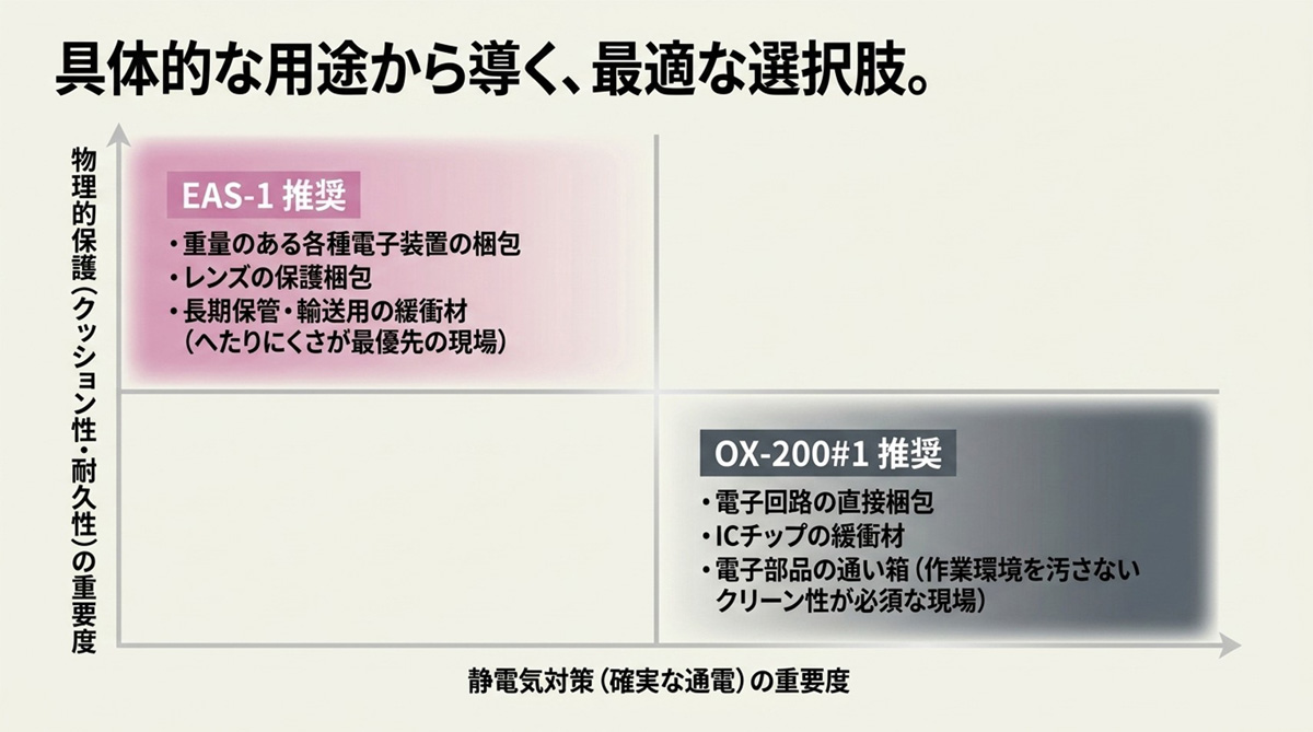 OX-200#1とEAS-1を静電気対策の重要度と物理的保護の重要度から用途別に選定する比較マップ