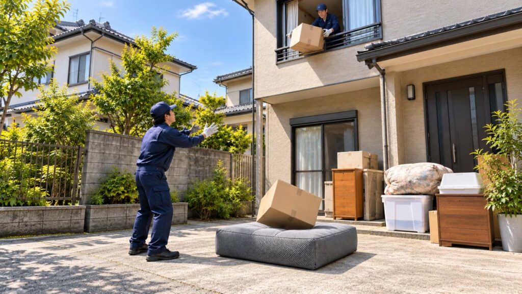 2階から下ろした荷物をウレタン製の受けマットで受け止める遺品整理作業の使用イメージ