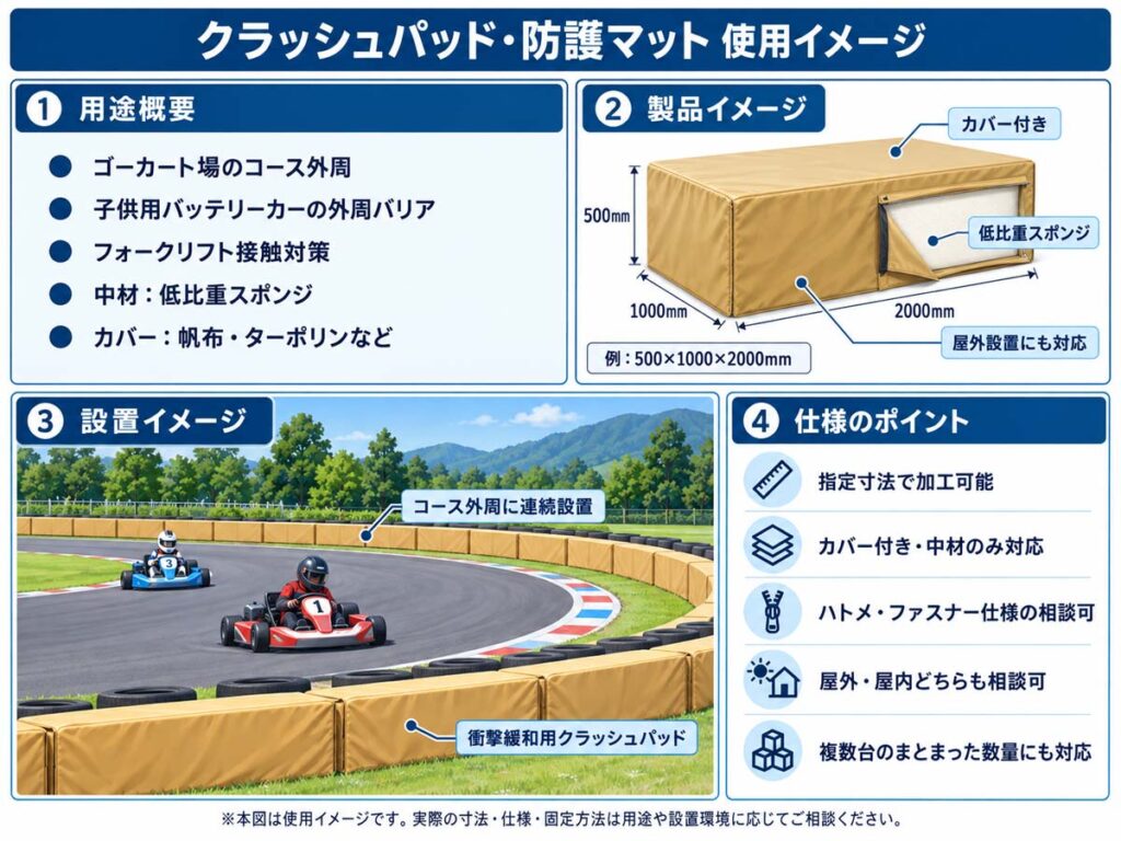 ゴーカート場のコース外周に設置するクラッシュパッドと防護マットのインフォグラフィック