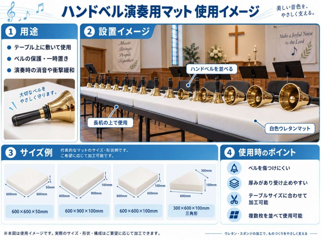 長机の上に白いウレタンマットを敷いてハンドベルを並べる使用イメージ