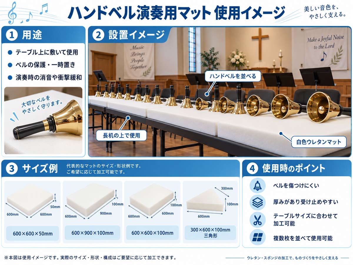 ハンドベル演奏用ウレタンマット｜ベル保護・消音用マットの使用例