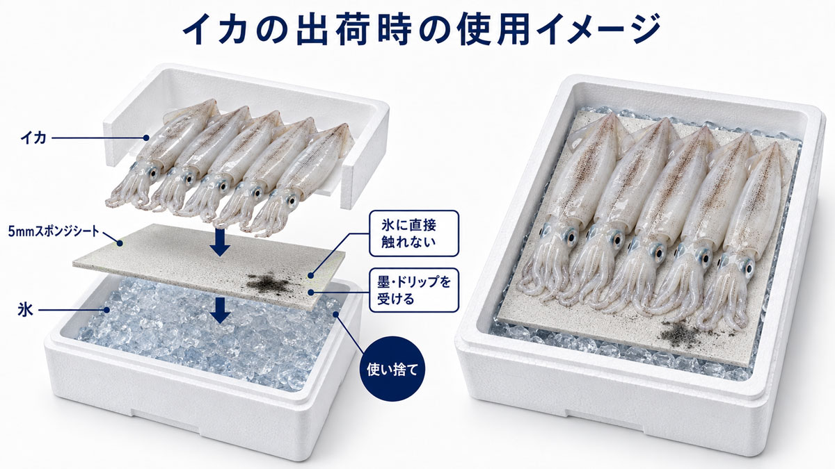 イカ出荷用スポンジシート｜氷との直接接触・墨・ドリップ対策の用途例