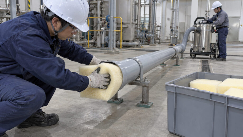 φ150mmの塩ビ管に250mm角のスポンジブロックを圧縮して入れる作業イメージ