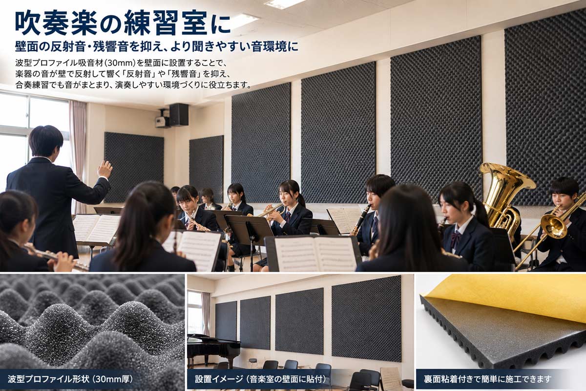 吹奏楽・音楽室の反射音対策｜波型プロファイル吸音材30mmの使用例