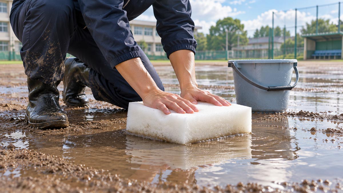 ボート内部の残水とグラウンドの水たまりをウレタンスポンジで吸水する使用イメージ