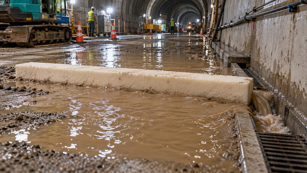 トンネル工事現場で長尺スポンジを床面に置き泥水を簡易的にせき止めて排水溝へ誘導する使用イメージ