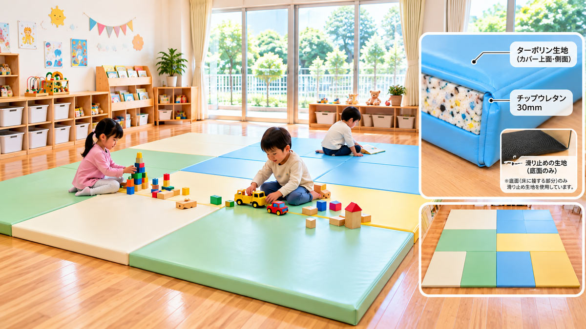 認定こども園の室内で子どもたちが積み木やミニカーで遊ぶプレイマット使用イメージ