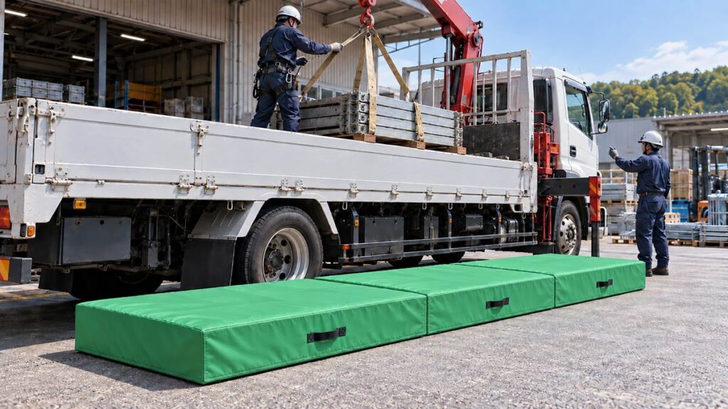 ユニック車の荷台上で玉掛け作業を行い荷台横にグリーンの連結式安全マットを設置した使用イメージ