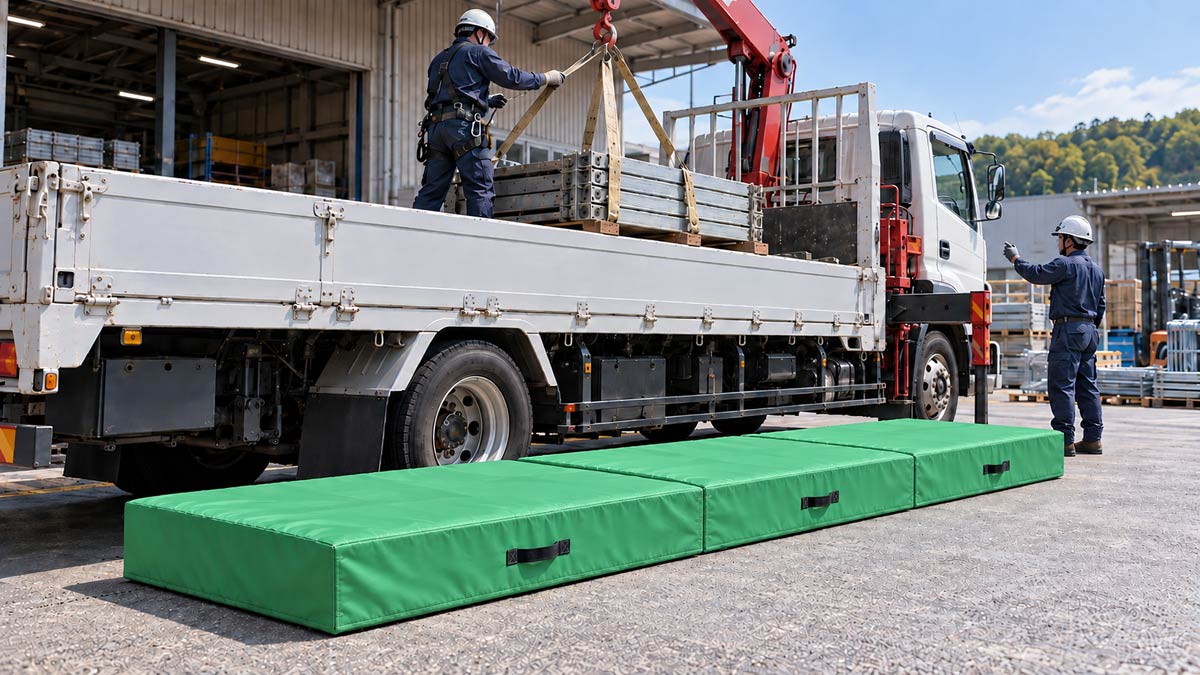 ユニック車の荷台上で玉掛け作業を行い荷台横にグリーンの連結式安全マットを設置した使用イメージ
